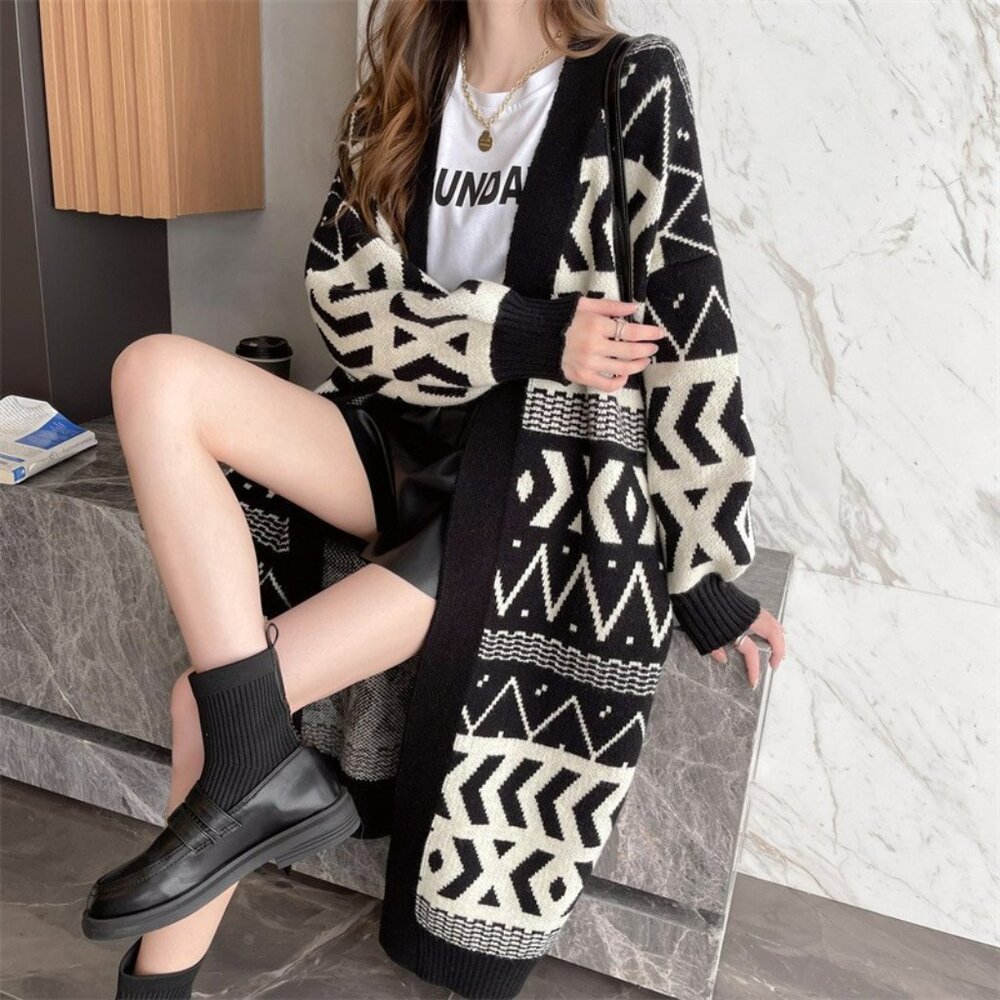 Long Knit Cardigan – Black & Ivory